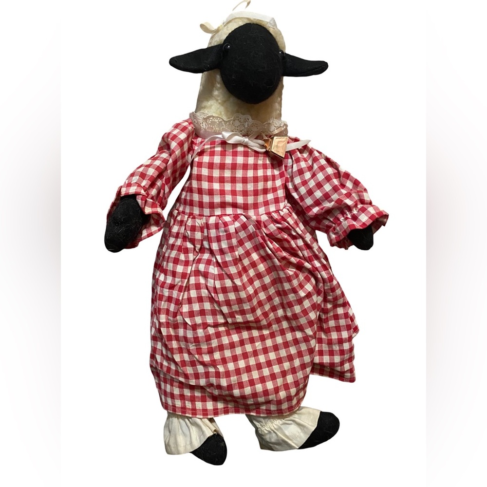 Handmade Folk Art Cloth Doll Featuring A Black Sheep Head & Red Gingham Dress.